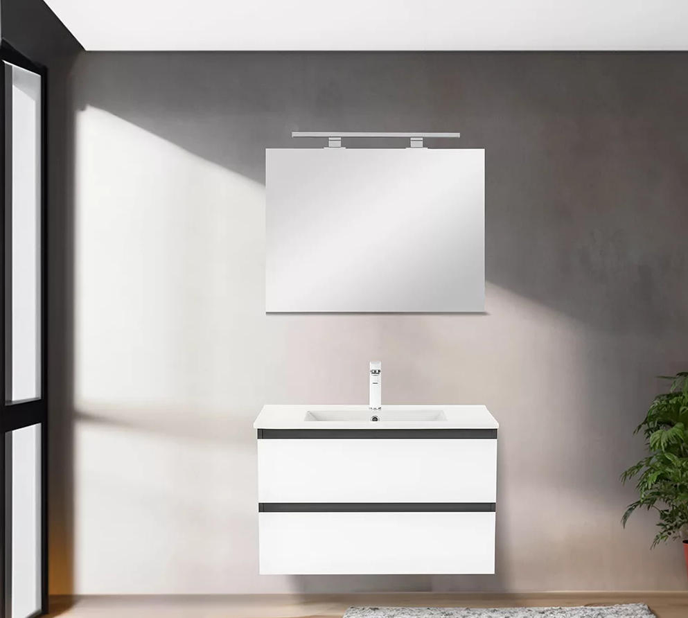 Black &amp; White Wall-Mounted Bathroom Vanity with Double Drawers &amp; Integrated White Sink