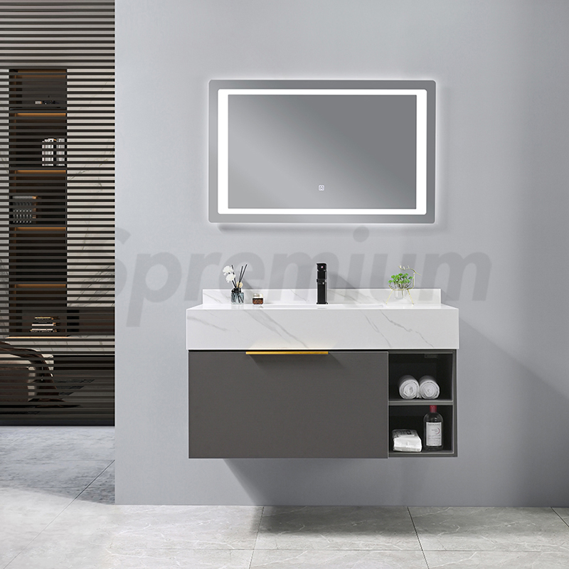 Modern Wall Mounted Matte Black Slate Bathroom Cabinet Vanity Set Single Sink Floating Vanity with Mirror