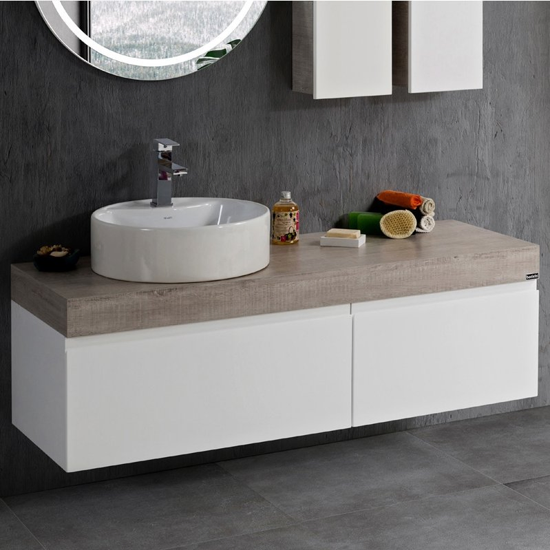 Floating Mounted Bathroom Cabinet Simple European Style Luxury White Ceramic Basin Bathroom Vanity with LED Mirror