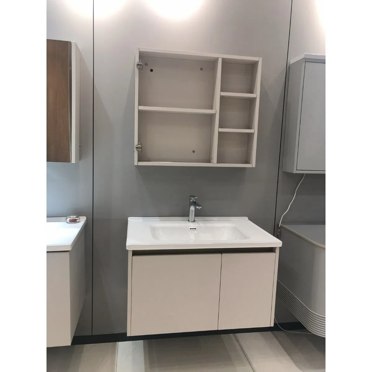 Solid Pine Bathroom Vanity Set-Double Sink, Natural Finish &amp; Open-Shelf Mirror with Hooks