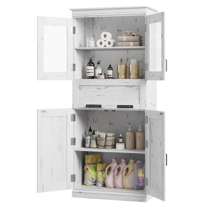 Storage Cabinet with Glass Doors and Adjustable Shelves, Linen Cabinet with Drawer White
