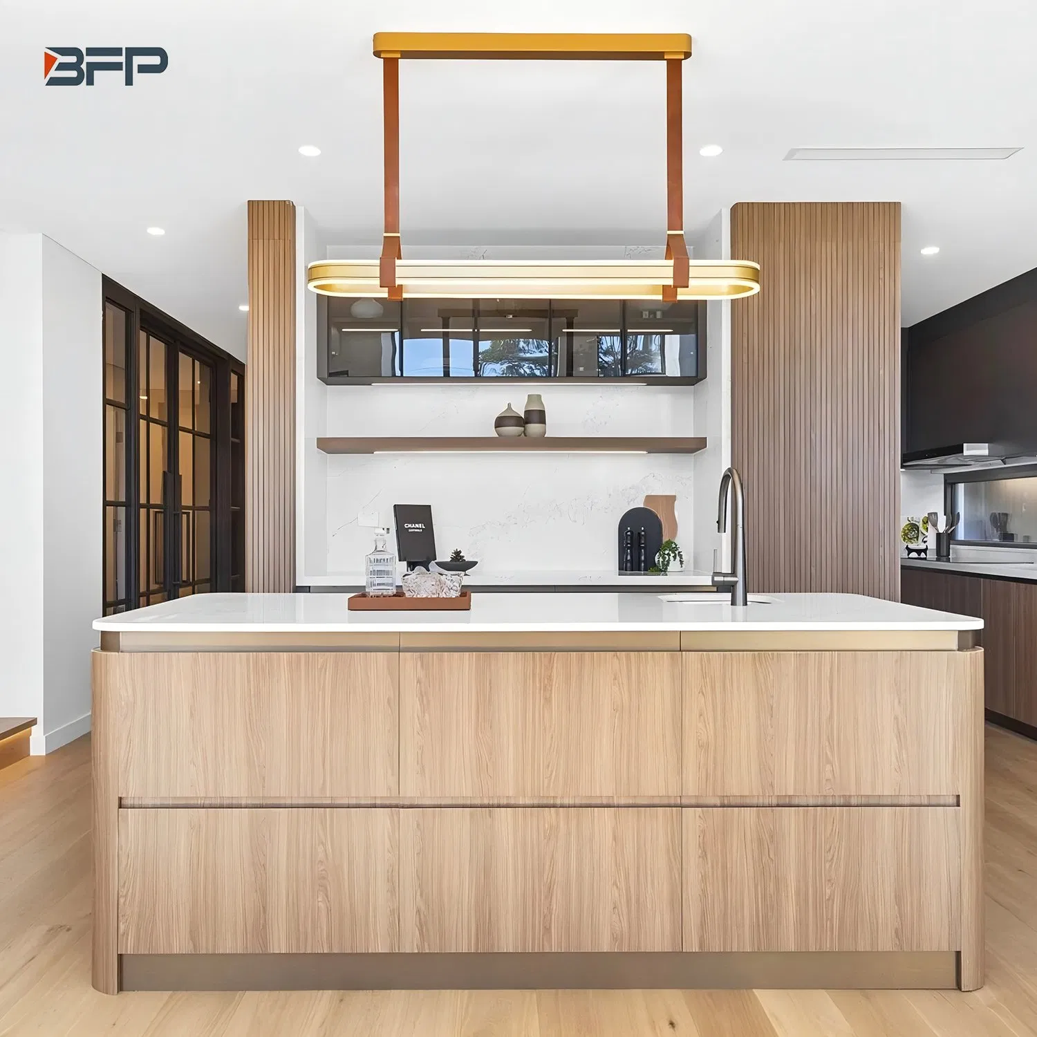 Minimalist Natural Wood Finish Glass Door Kitchen Cabinet with Elegant Curved Island