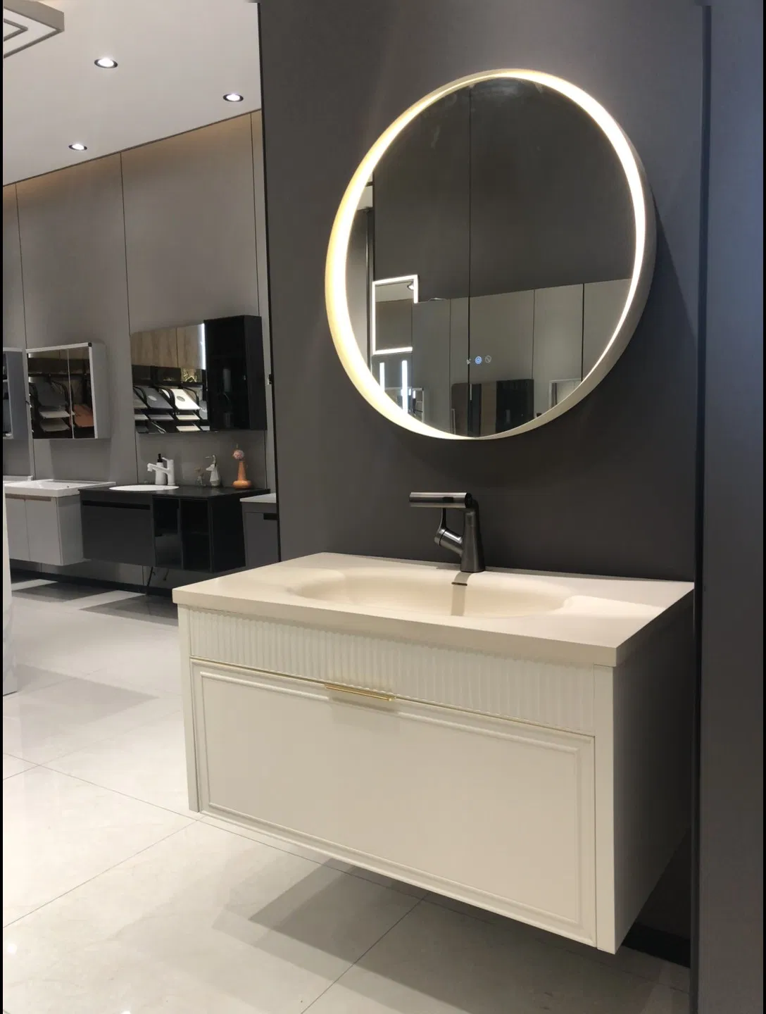 Linen-Wrapped MDF Washbasin Cabinet-Sand-Colored Ceramic Basin &amp; Jute Drawer Pulls