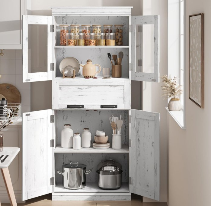 Storage Cabinet with Glass Doors and Adjustable Shelves, Linen Cabinet with Drawer White