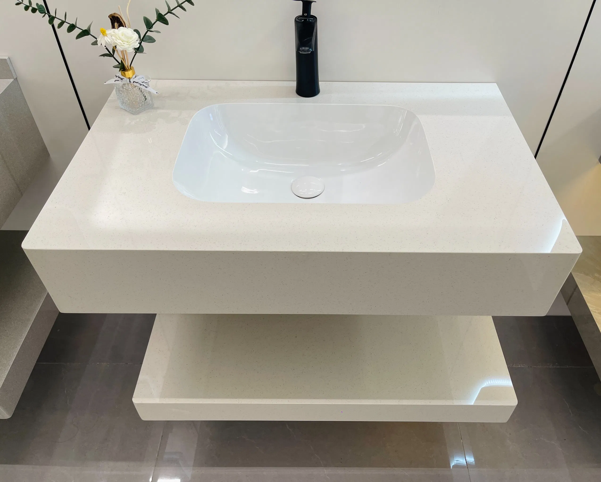 Stain-Resistant Particle Pearl White Double Layer Sintered Stone Vanity with White Ceramic Sink