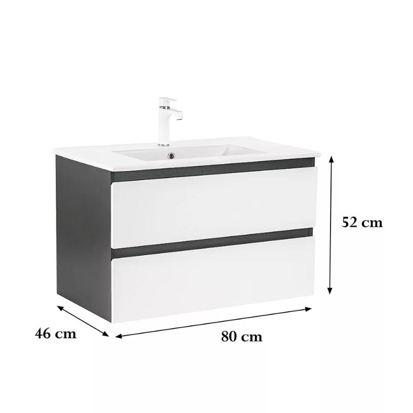 Black &amp; White Wall-Mounted Bathroom Vanity with Double Drawers &amp; Integrated White Sink