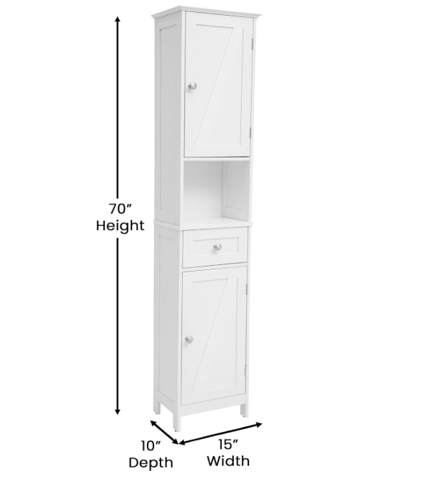 Bathroom Linen Tower with Double Cabinets and Storage Drawer, Open Shelf, Metal Handles and Hinges, White