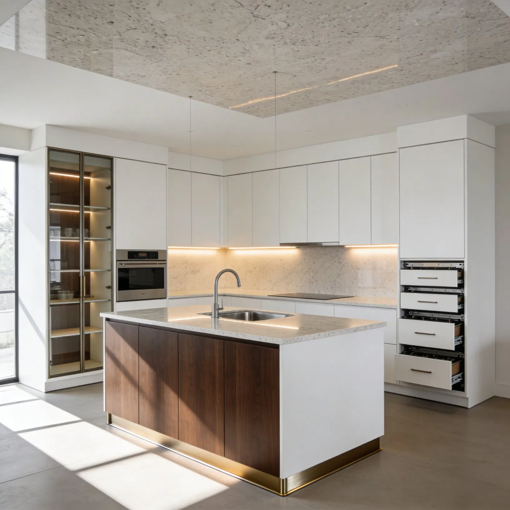 Custom High-End Transitional Kitchen Cabinet with Tall Pantry, Ambient LED Lighting &amp; Soft-Close Drawers