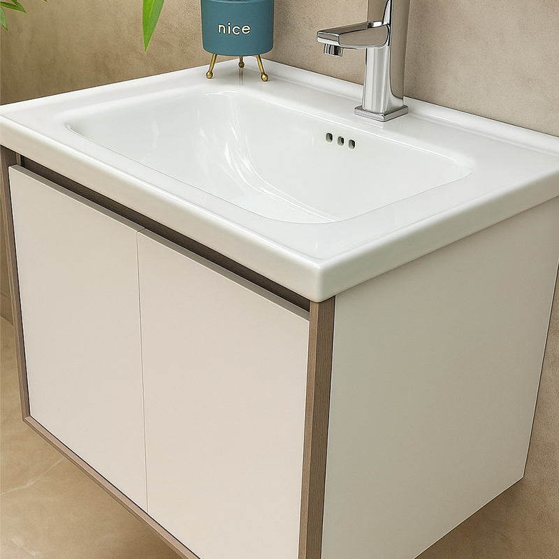 Modern Minimalist PVC Bathroom Vanity Set Water-Resistant Includes Lighted Mirror Glossy Ceramic Basin Floating Waterproof