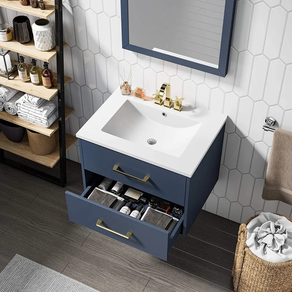 24" Wall Mountedblue Floating Bathroom Vanity with White Ceramic Sink