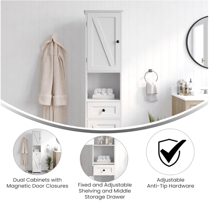 Bathroom Linen Tower with Double Cabinets and Storage Drawer, Open Shelf, Metal Handles and Hinges, White