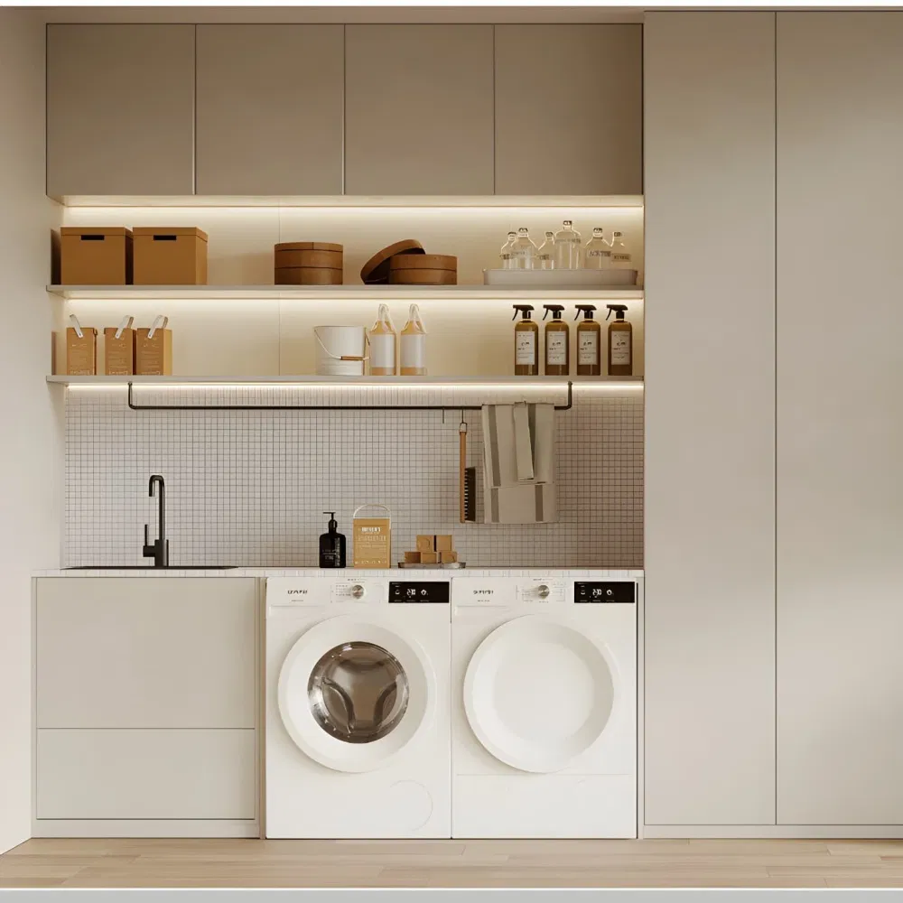 Foshan Furniture Custom Modern Melamine Panel Laundry Room Cabinet with LED