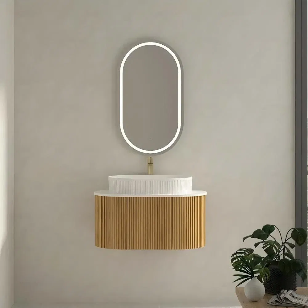 Wooden Ribbed Floating Vanity with LED Oval Mirror &amp; Gold Faucet
