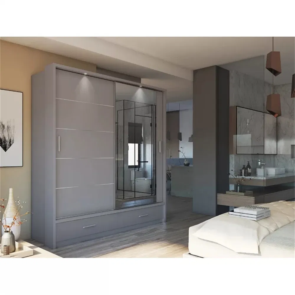 Modern King Size Bedroom Furniture Laminated Sliding Doors Closet Wardrobe with Mirror