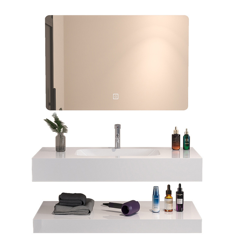 Minimalist Double Open Shelf Integrated Sink Waterproof LED Lighted Bathroom Vanity