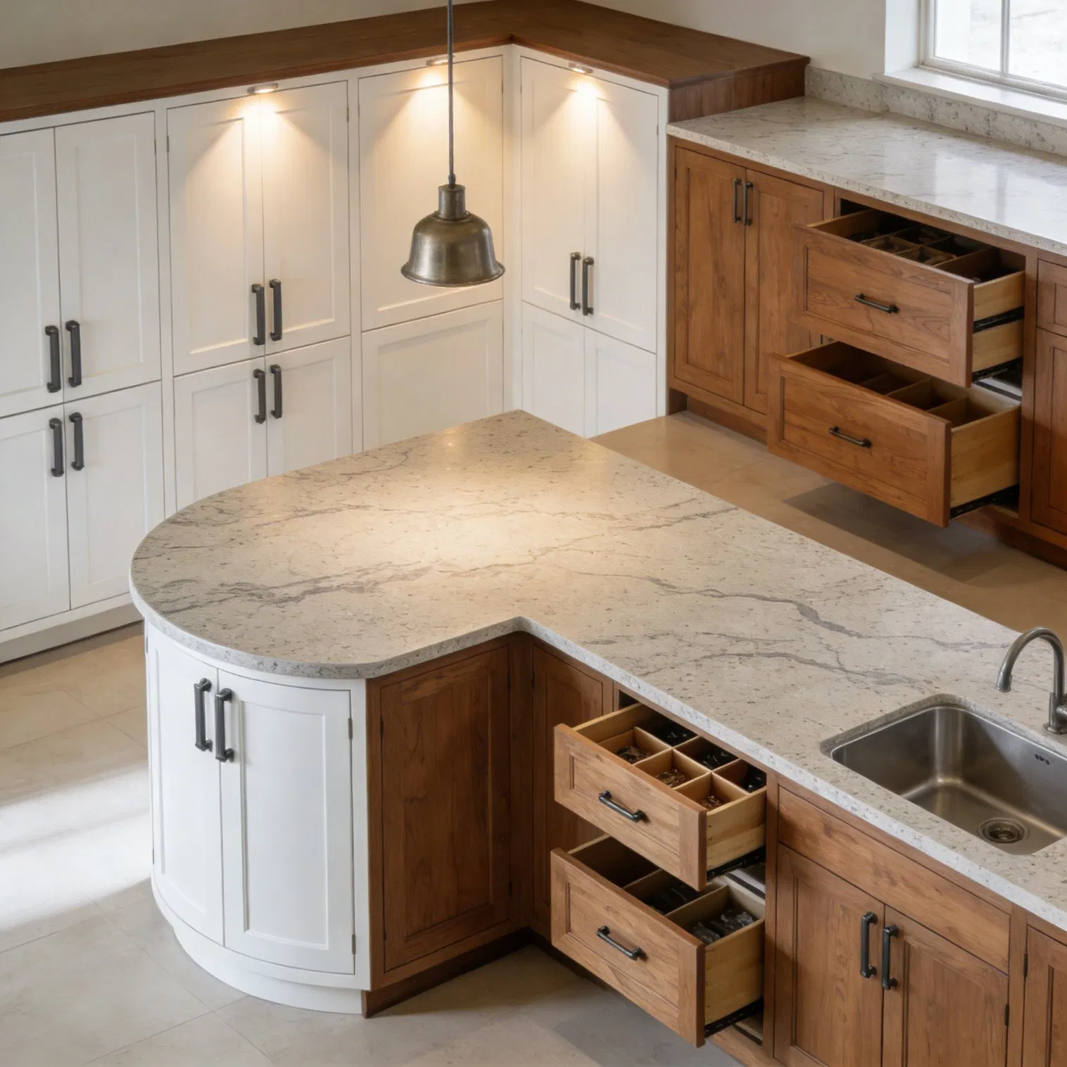 Custom High-End Transitional Kitchen Cabinet with Tall Pantry, Ambient LED Lighting &amp; Soft-Close Drawers