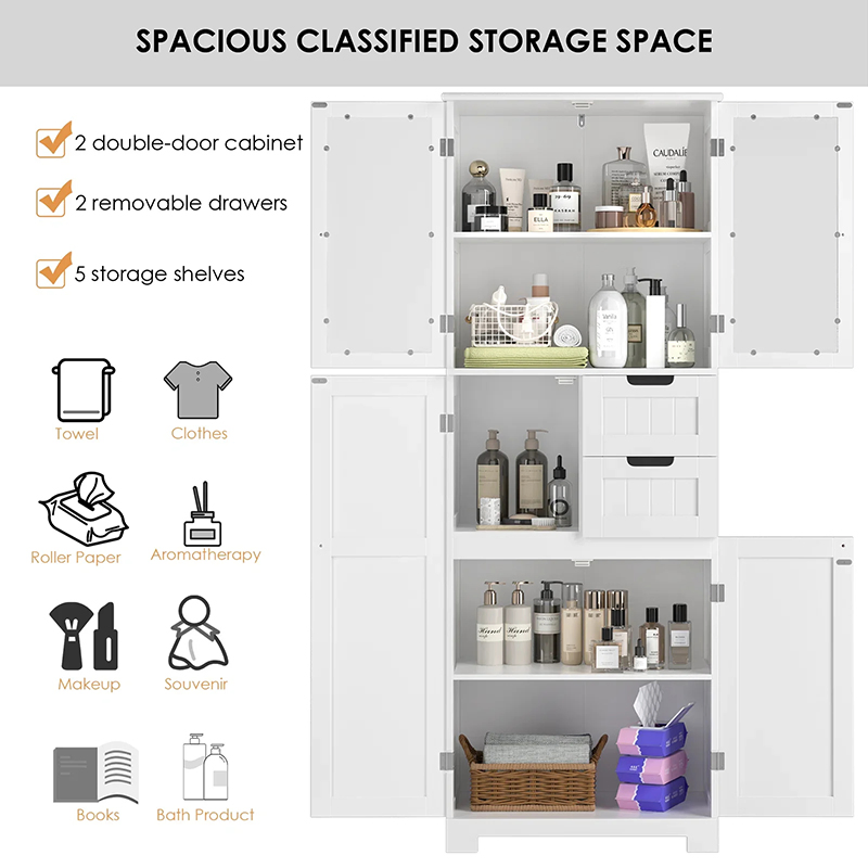 Powder Coated Alloy Anodizing Bathroom Storage Cabinet, White Linen Cabinet, Narrow Tall Cabinet Storage Tower with Door and Drawer