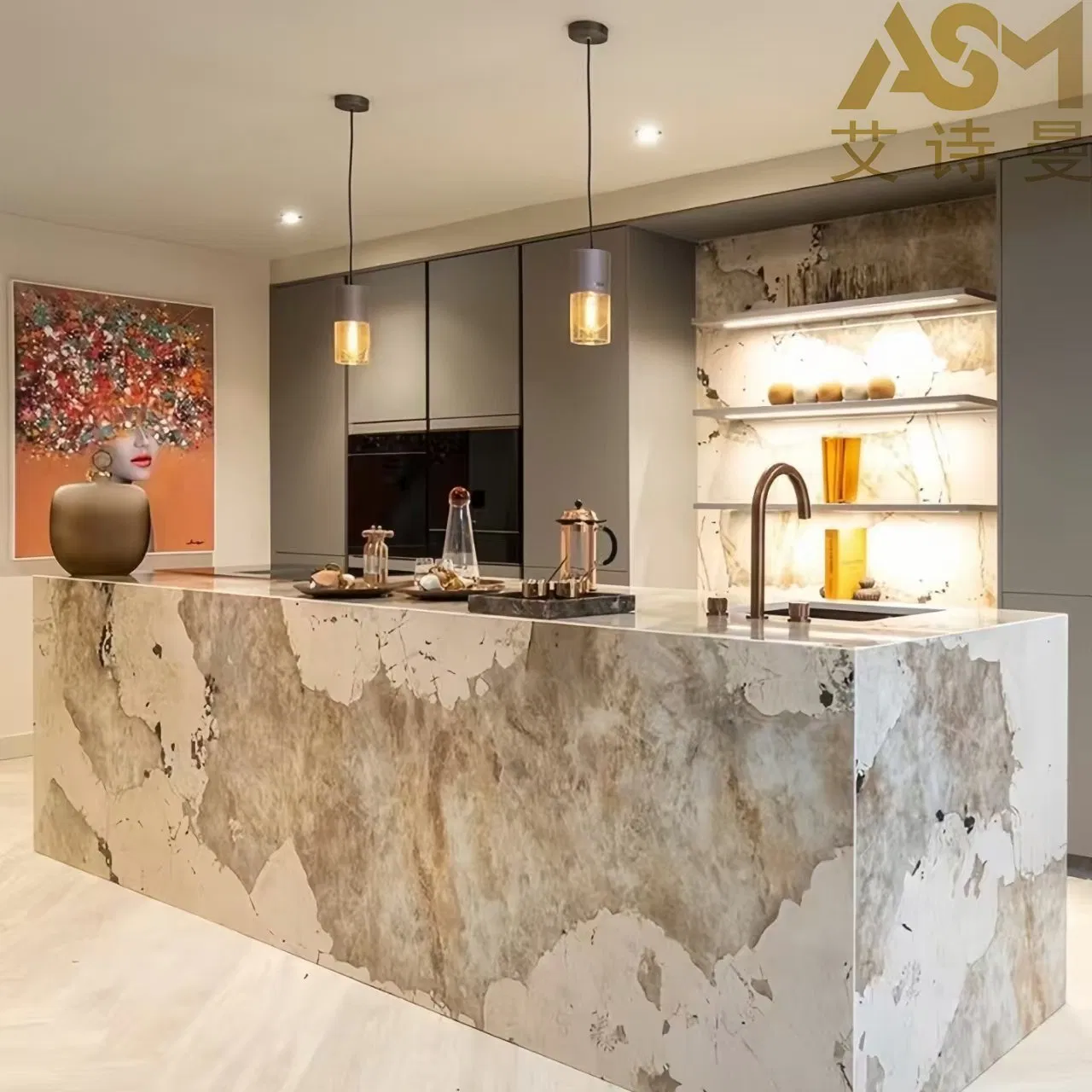 Modern Two-Tone Kitchen Cabinets Marble Countertop Option Custom Design