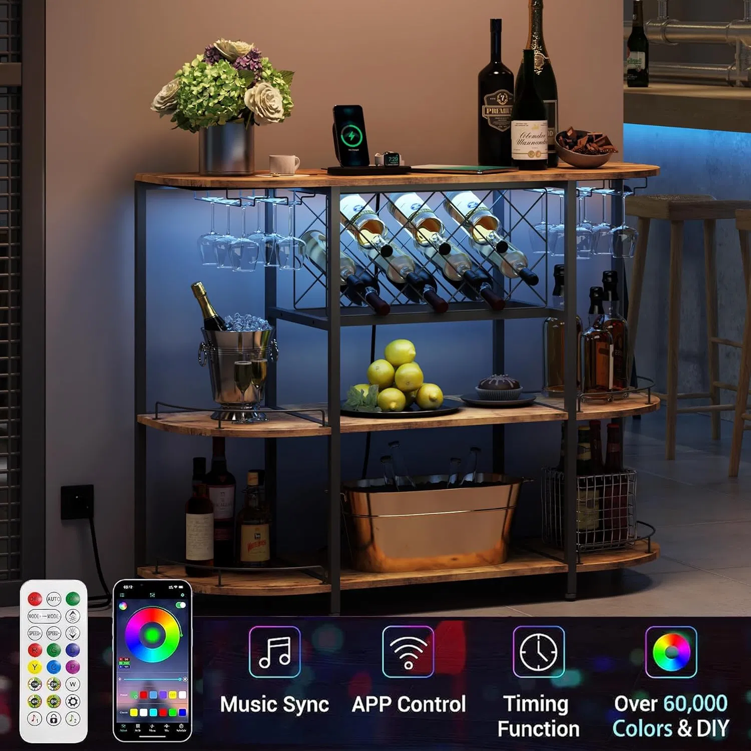 Multi-Tier Industrial Bar Cabinet with LED Light &amp; Wine Glass Storage Holders