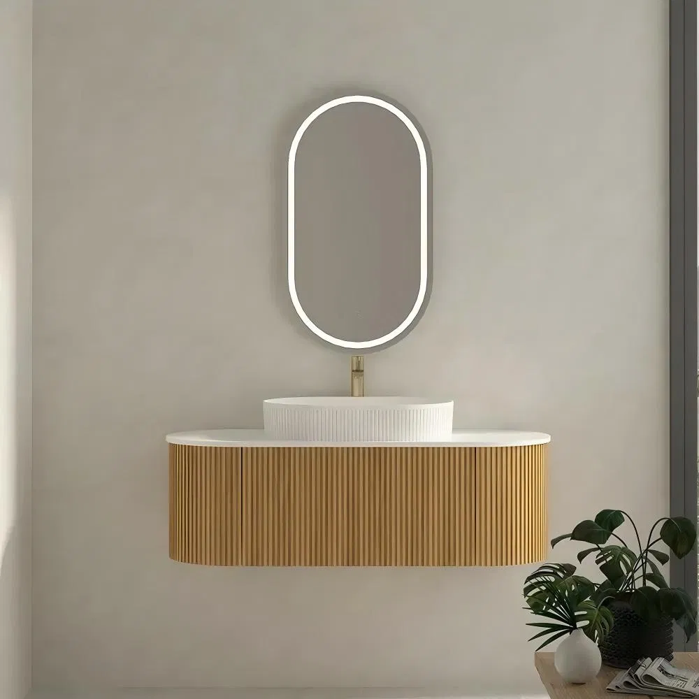 Wooden Ribbed Floating Vanity with LED Oval Mirror &amp; Gold Faucet