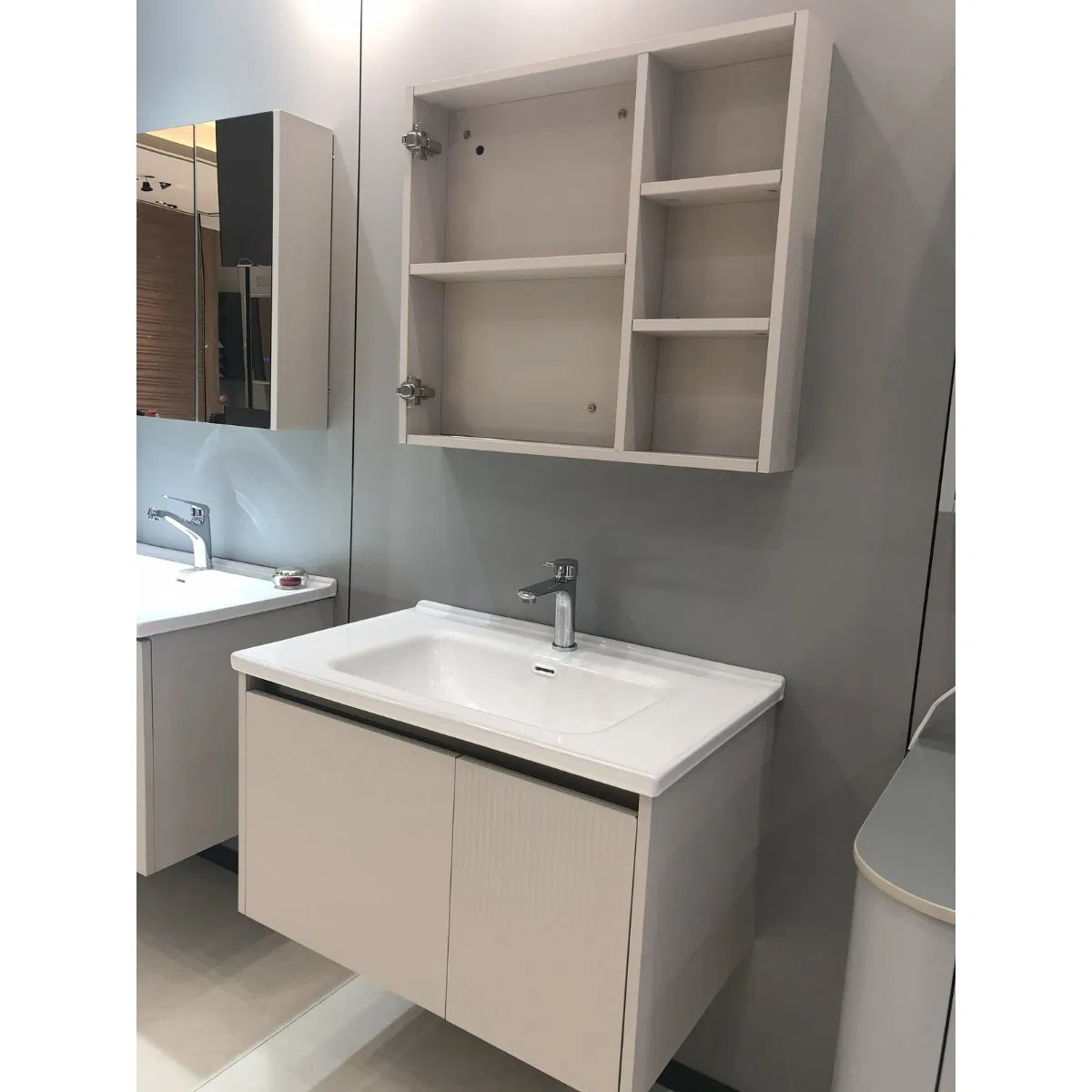 Solid Pine Bathroom Vanity Set-Double Sink, Natural Finish &amp; Open-Shelf Mirror with Hooks