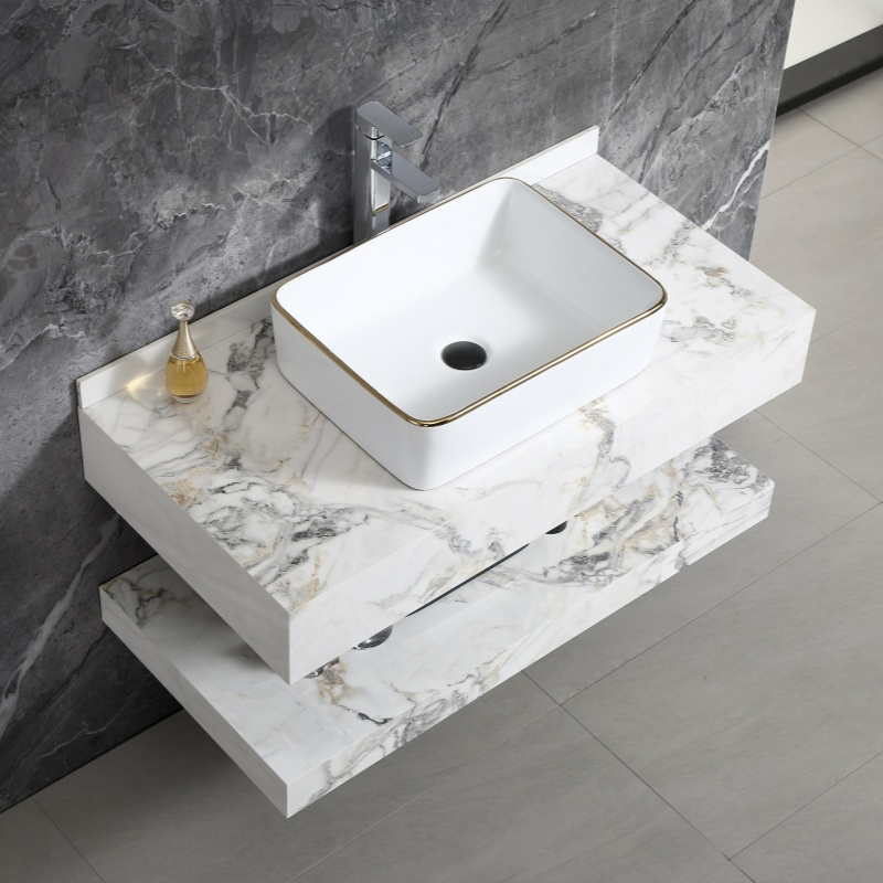 Double Single Wall Mounted White Marble Sintered Stone Cabinet Wash Basin Floating Bathroom Vanities with Mirror