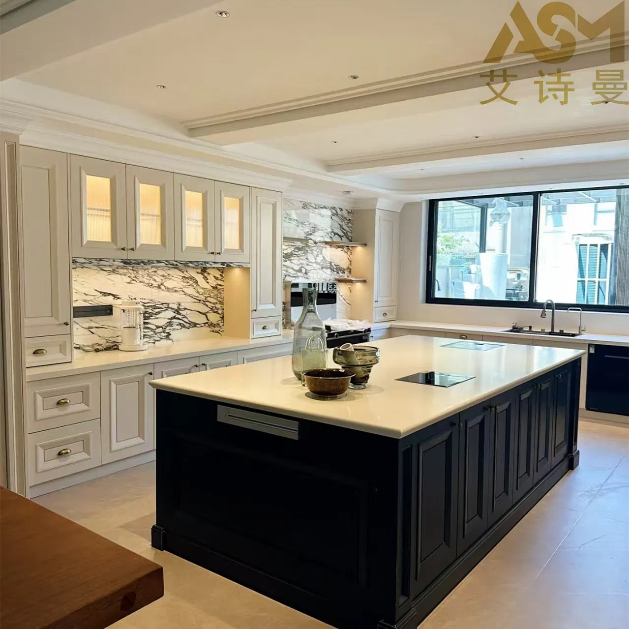 Modern Two-Tone Kitchen Cabinets Marble Countertop Option Custom Design