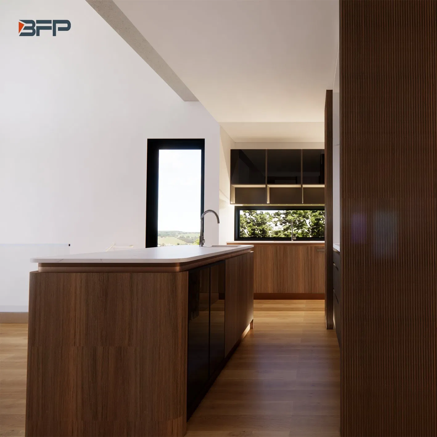 Minimalist Natural Wood Finish Glass Door Kitchen Cabinet with Elegant Curved Island