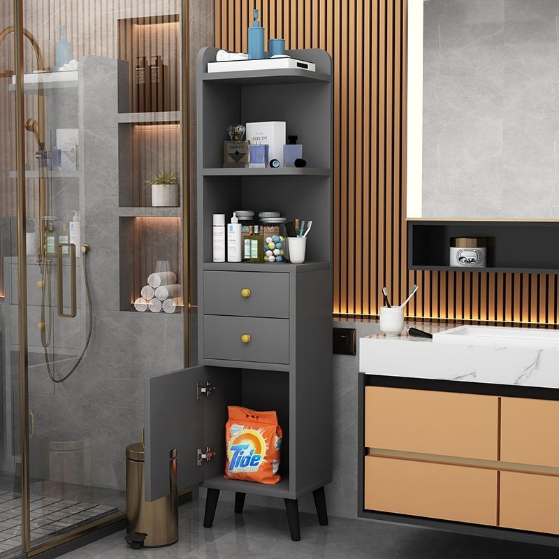 Modern Right Colour MDF Floor Mount Freestanding Linen Tower Cabinet Kitchen Tall Storage Cupboard with Door 2 Drawer and 3 Layer Open Shelves in Bathroom