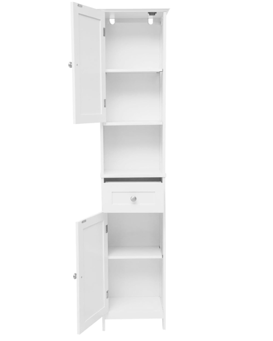 Bathroom Linen Tower with Double Cabinets and Storage Drawer, Open Shelf, Metal Handles and Hinges, White