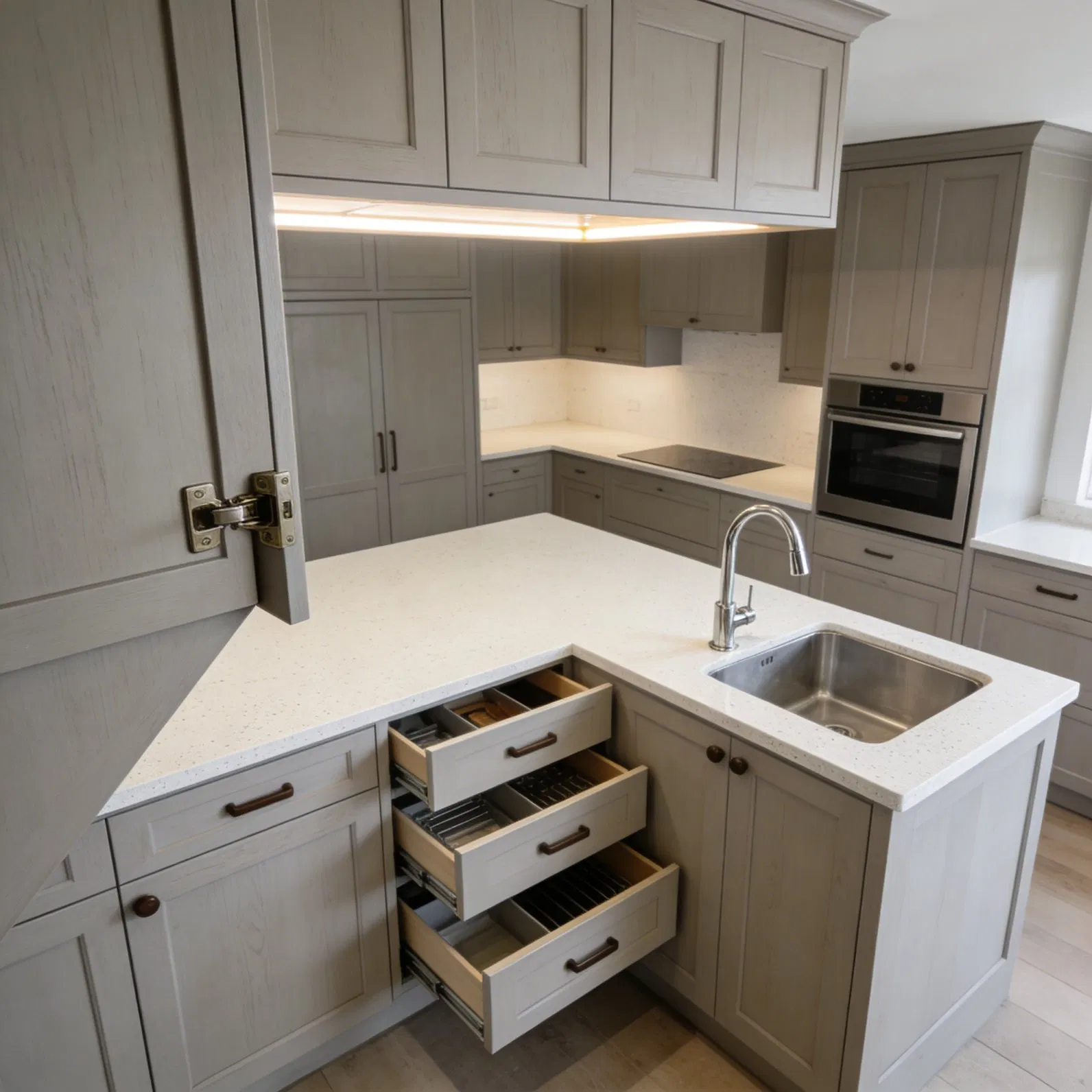 Custom High-End Transitional Kitchen Cabinet with Tall Pantry, Ambient LED Lighting &amp; Soft-Close Drawers