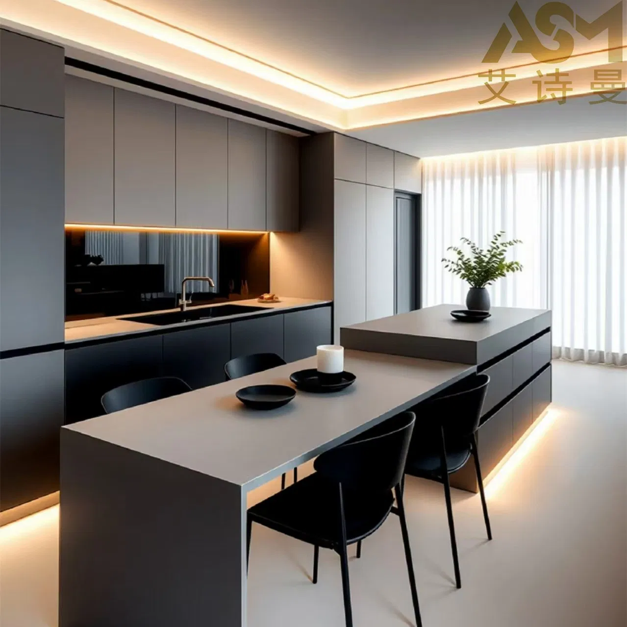 Modern Two-Tone Kitchen Cabinets Marble Countertop Option Custom Design