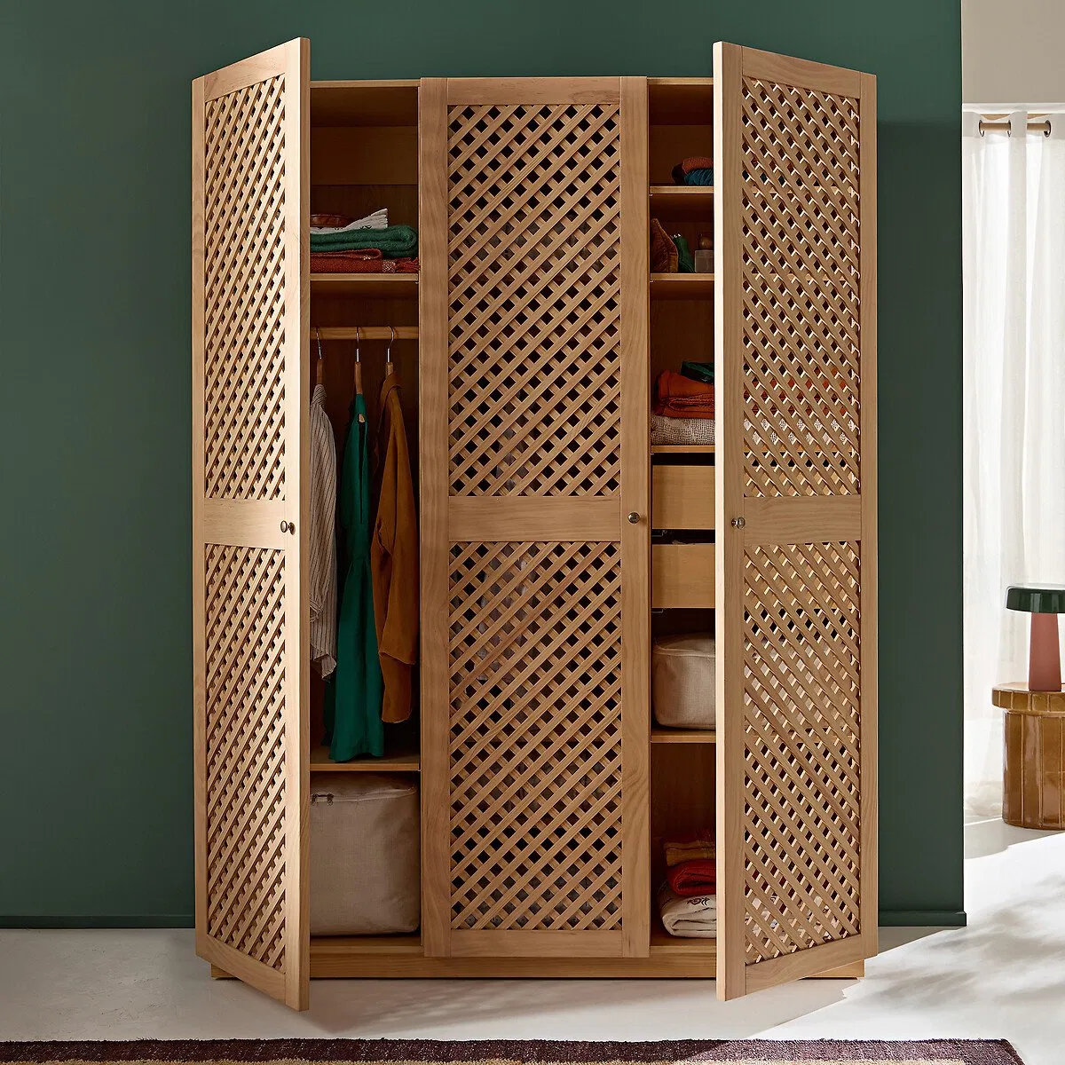 Nordic Minimalist Solid Wood Closet Wardrobe with Lattice - Patterned Doors &amp; Round Metal Knobs for Cozy or Home Organization
