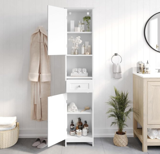 Bathroom Linen Tower with Double Cabinets and Storage Drawer, Open Shelf, Metal Handles and Hinges, White