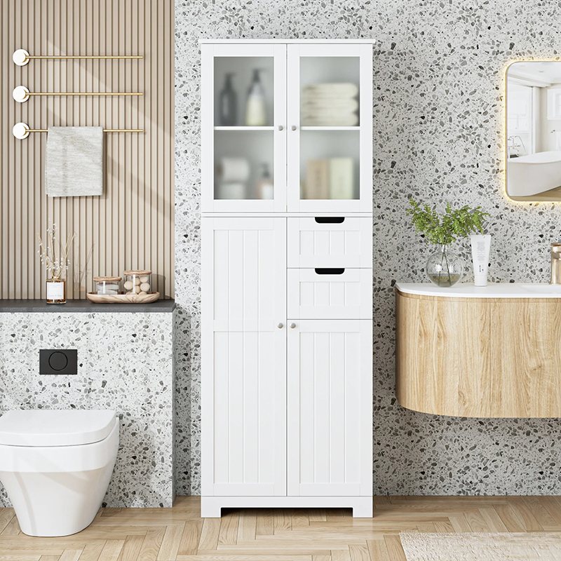 Powder Coated Alloy Anodizing Bathroom Storage Cabinet, White Linen Cabinet, Narrow Tall Cabinet Storage Tower with Door and Drawer
