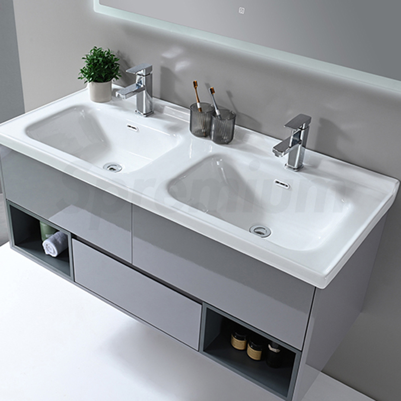 Grey Double Sink Modern Fancy Wall Bathroom Cabinet Vanity with LED Mirror