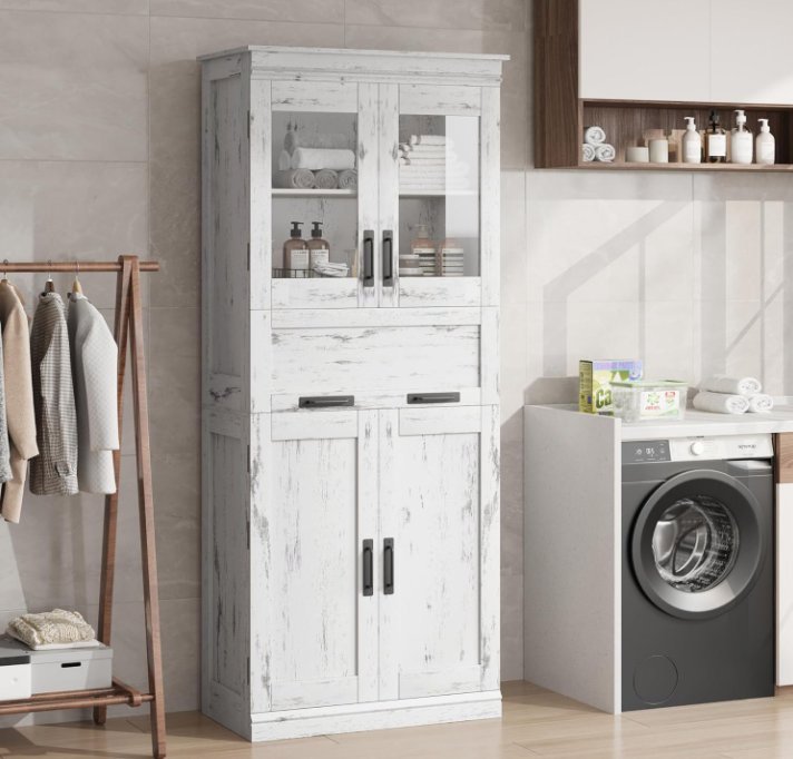 Storage Cabinet with Glass Doors and Adjustable Shelves, Linen Cabinet with Drawer White