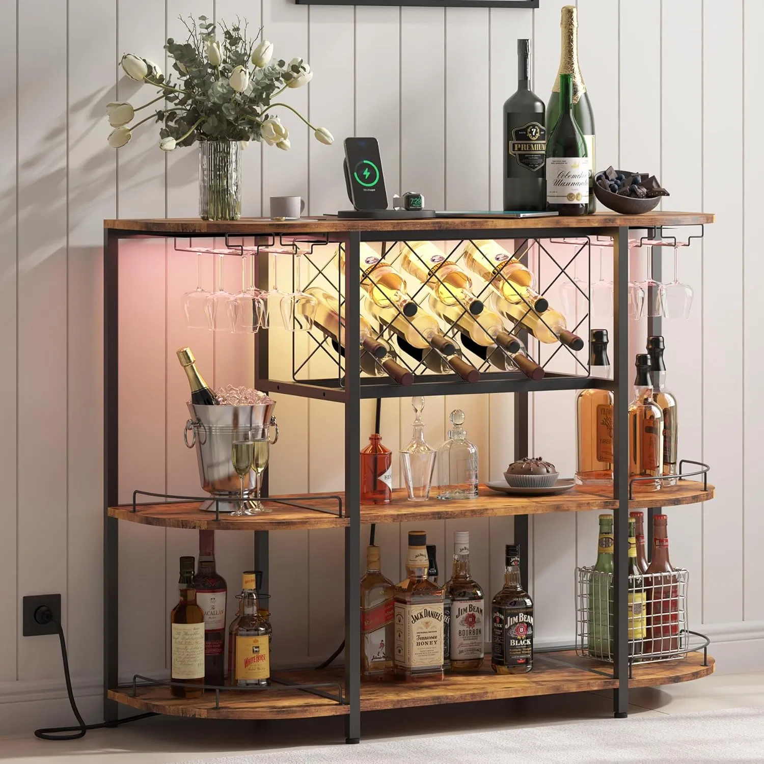 Multi-Tier Industrial Bar Cabinet with LED Light &amp; Wine Glass Storage Holders