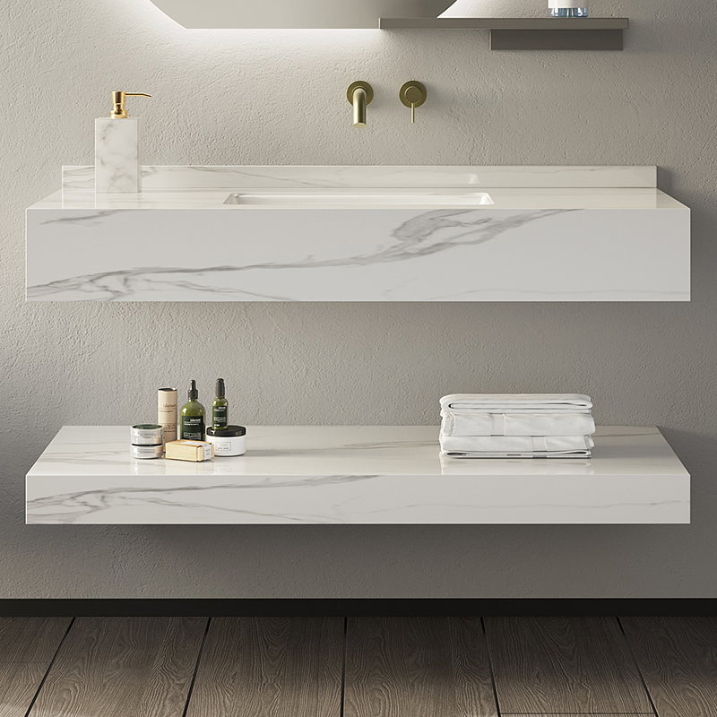 800mm Modern Double Layers Wall Mount Washroom Rock Slate Marble Sink Floating Bathroom Vanity 2523f-80