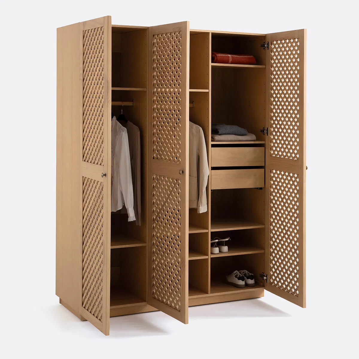 Nordic Minimalist Solid Wood Closet Wardrobe with Lattice - Patterned Doors &amp; Round Metal Knobs for Cozy or Home Organization