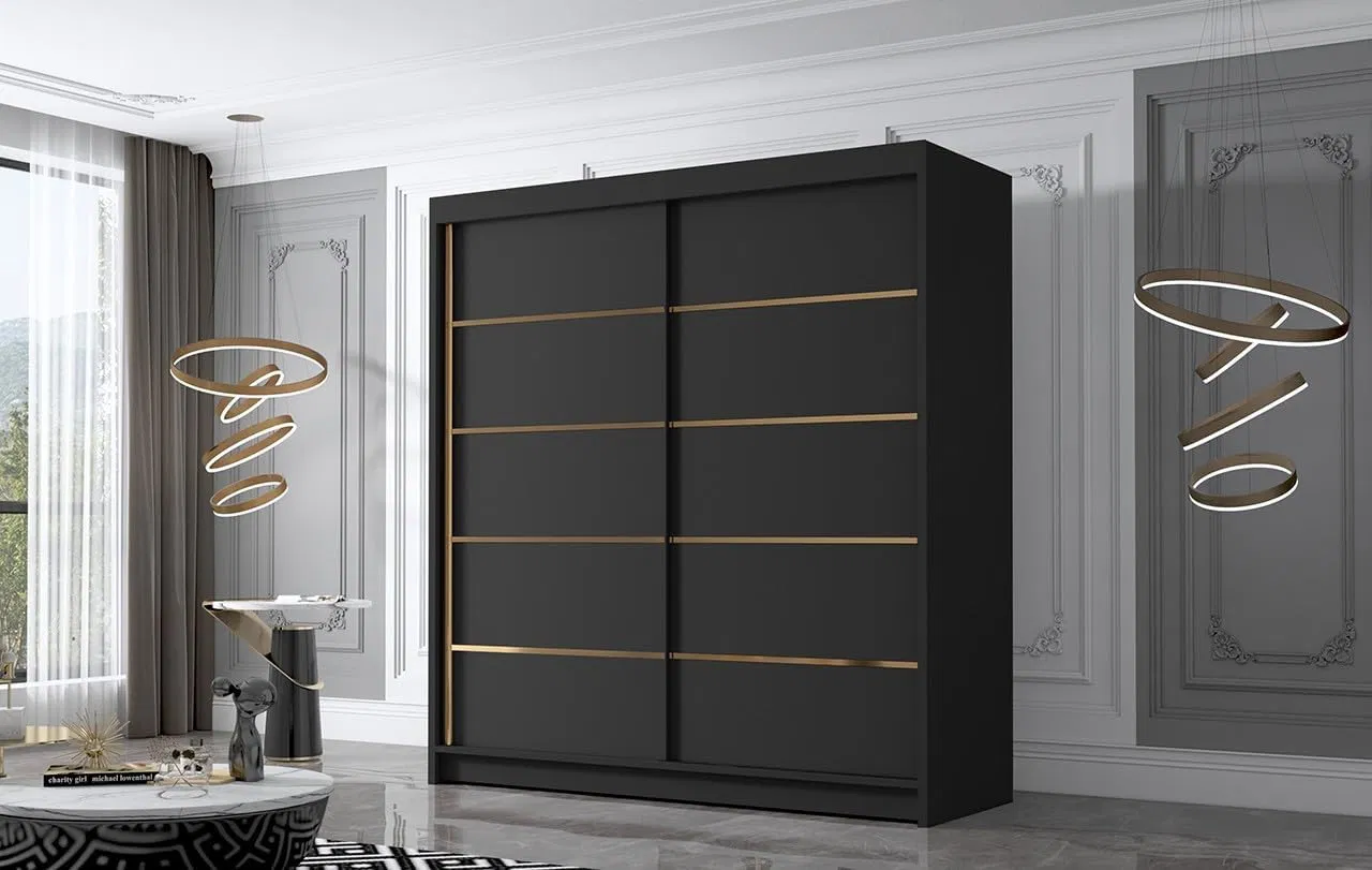 Modern White Sliding Door Wardrobe with Gold Accents and Sleek Design for Efficient Storage