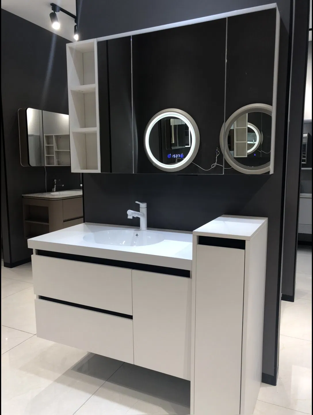 Cloud-Textured Ceramic Top Washbasin Cabinet-Linen-Wrapped Frame &amp; Silent Glide Drawers