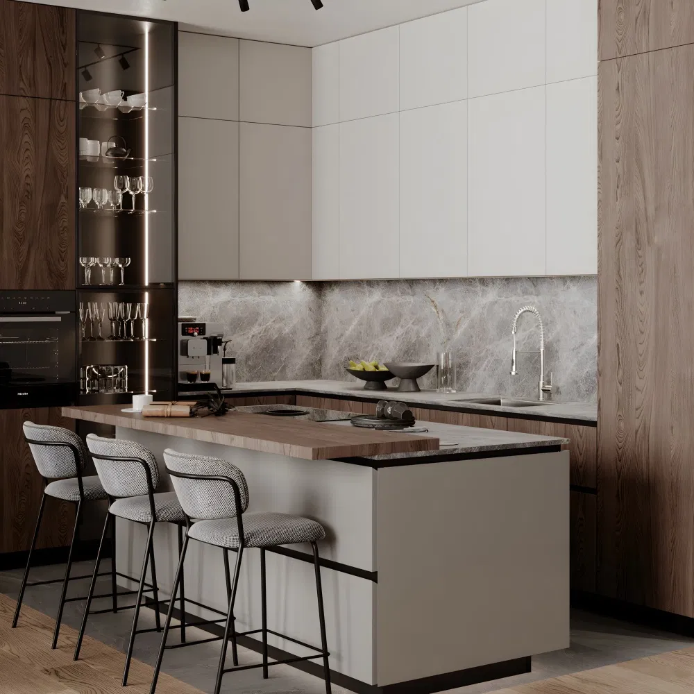 Chinese Guangdong Foshan Modern Cozinha Cocina Wood Modular Kitchen Cabinet with Island