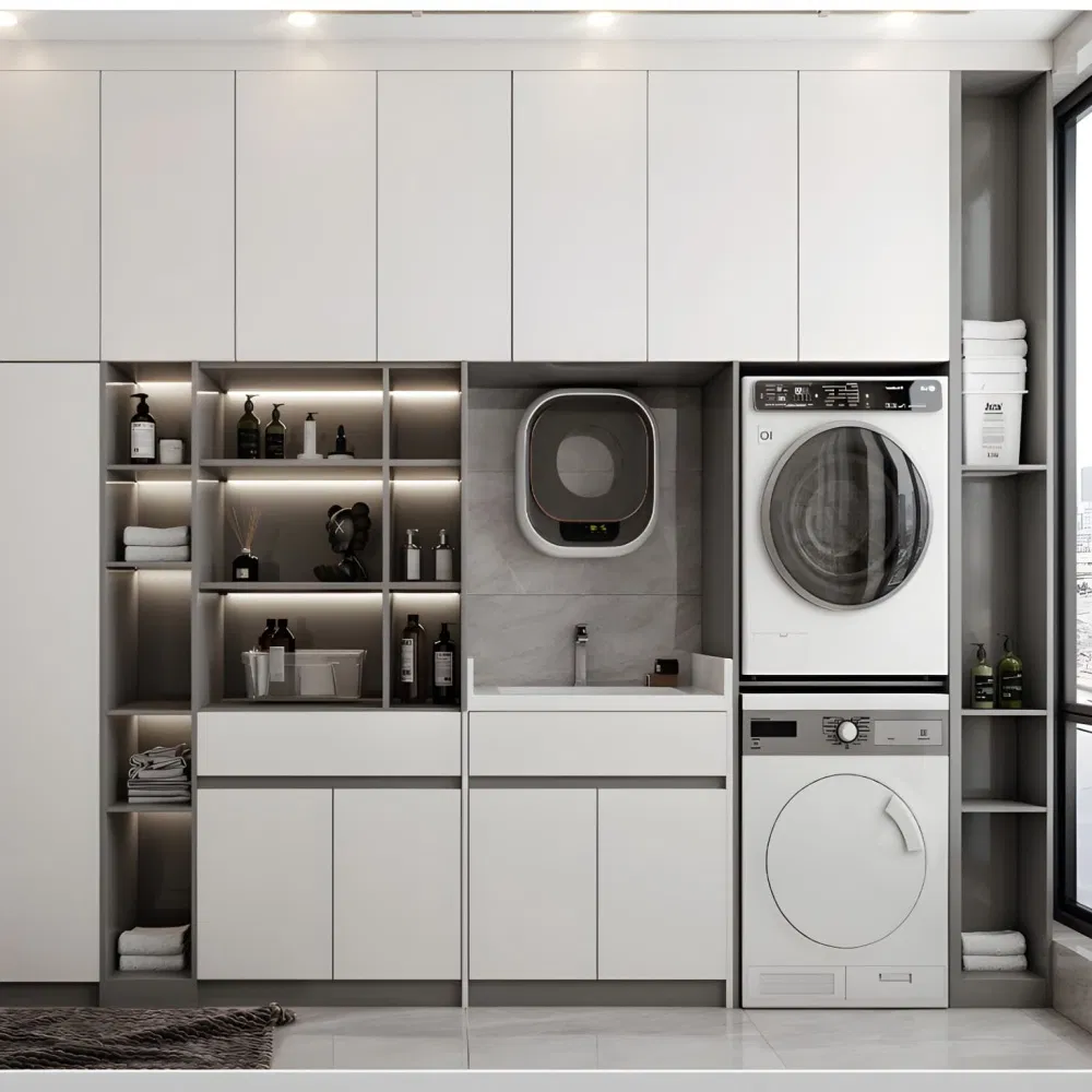 Laundry Room Custom Modern Storage Cabinet with LED Lighting Washstand