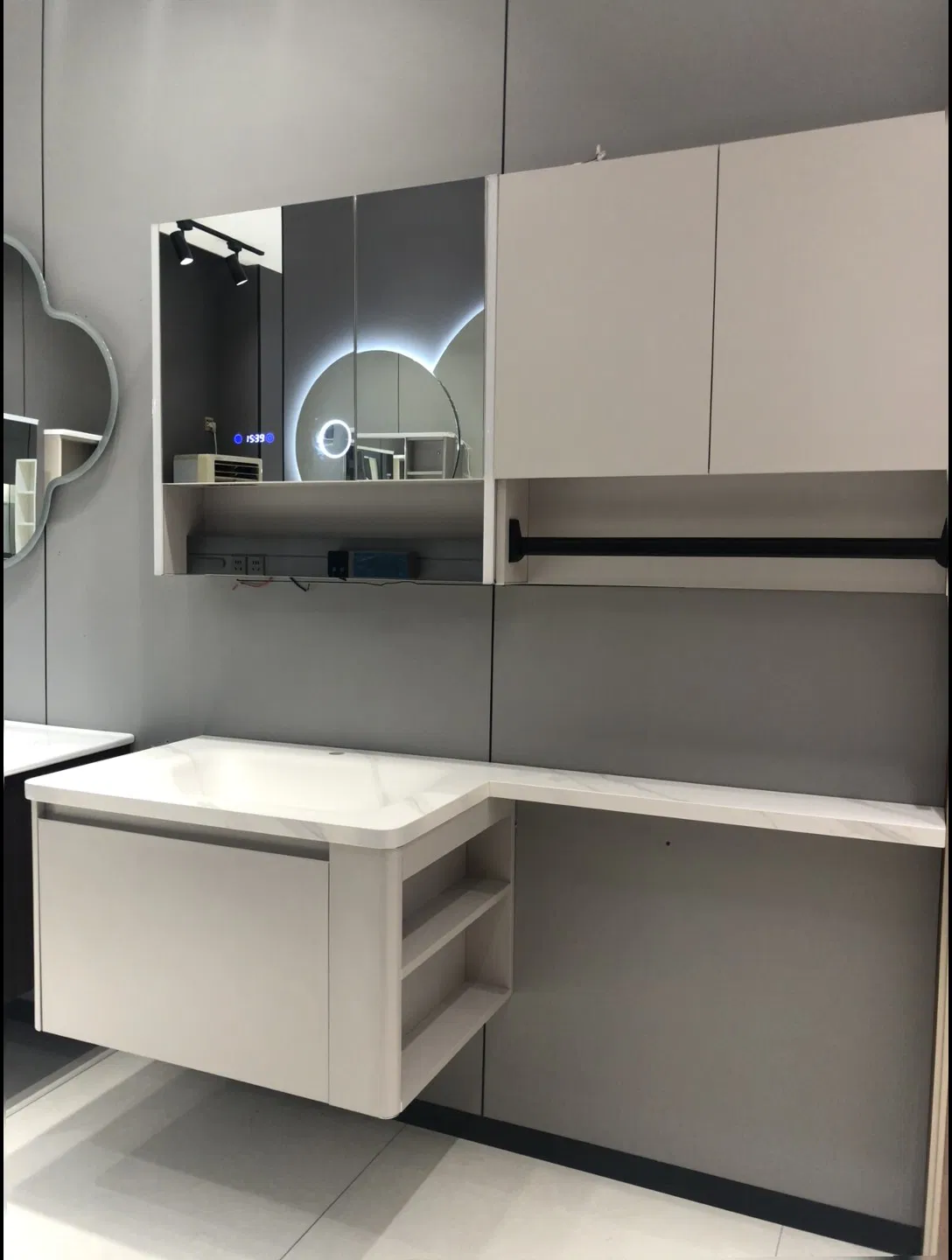 Linen-Wrapped MDF Washbasin Cabinet-Sand-Colored Ceramic Basin &amp; Jute Drawer Pulls