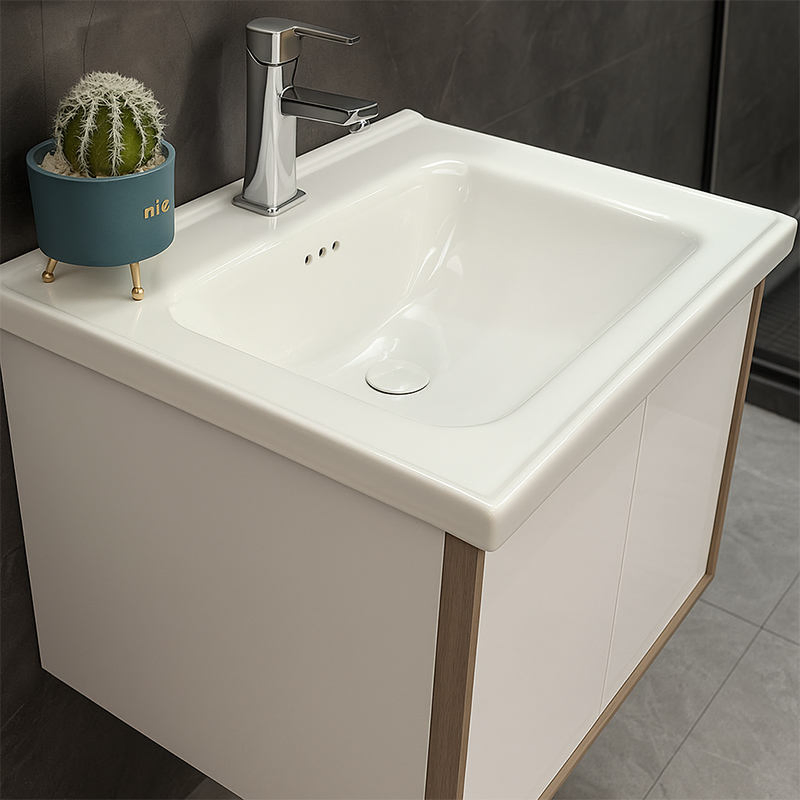 Modern Minimalist PVC Bathroom Vanity Set Water-Resistant Includes Lighted Mirror Glossy Ceramic Basin Floating Waterproof