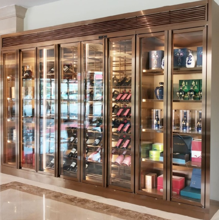 Bar Champagne Storage Cabinet Stainless Steel Glass Door Wine Display Shelf