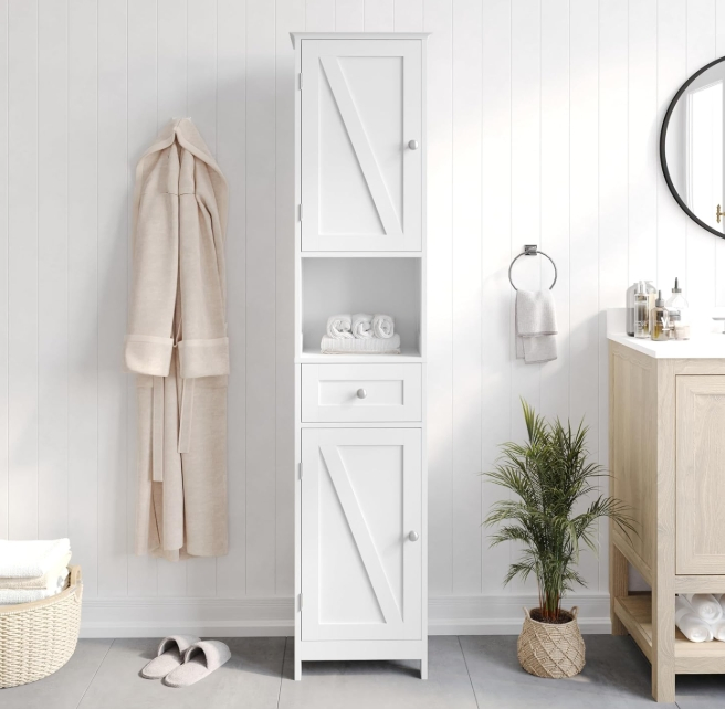 Bathroom Linen Tower with Double Cabinets and Storage Drawer, Open Shelf, Metal Handles and Hinges, White
