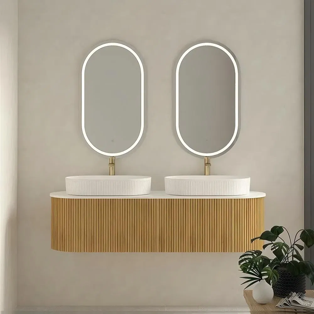 Wooden Ribbed Floating Vanity with LED Oval Mirror &amp; Gold Faucet