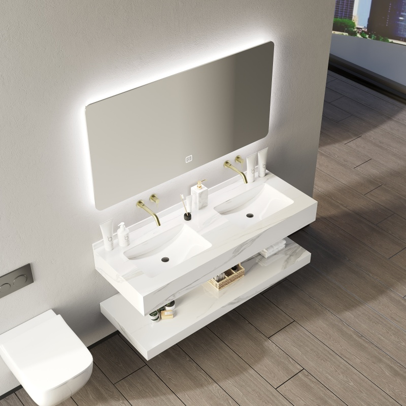 Customized Made Seamed Double Layer Sintered Stone Single Basin Bathroom Cabinets Sink Set Bathroom Vanity for Hotel Furniture